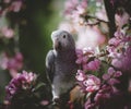 Timneh African Grey Parrot on the apple tree in spring garden Royalty Free Stock Photo