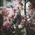 Timneh African Grey Parrot on the apple tree in spring garden Royalty Free Stock Photo