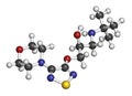 Timolol beta-adrenergic receptor antagonist drug molecule. Used in treatment of glaucoma, migraine, hypertension, etc. Atoms are