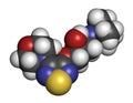 Timolol beta-adrenergic receptor antagonist drug molecule. Used in treatment of glaucoma, migraine, hypertension, etc. Atoms are