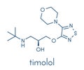 Timolol beta-adrenergic receptor antagonist drug molecule. Used in treatment of glaucoma, migraine, hypertension, etc. Skeletal.