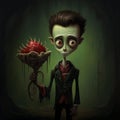 Tim Burton-inspired Character Timothy With Carnivorous Plant Illustration Royalty Free Stock Photo