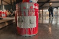 Tin bucket with toxic composition and epoxy resin inside