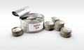 Tin can with coins inside Royalty Free Stock Photo