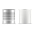 Tin can collection. White and metallic tin cans with cap.