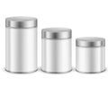Tin can container metal. Packaging dry products cylinder boxes with caps different size, tea or coffee, sugar or cereals