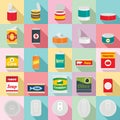 Tin can food package jar icons set, flat style Royalty Free Stock Photo