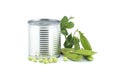 Tin can and fresh garden peas isolated on white Royalty Free Stock Photo