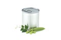 Tin can and fresh garden peas isolated on white Royalty Free Stock Photo