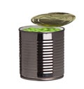 Tin can with green peas Royalty Free Stock Photo