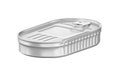 Tin can for new design with text, 3d rendering, template, view of fish canned in silver oval container closeup
