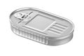 Tin can for new design with text, 3d rendering, template, view of fish canned in silver oval container closeup