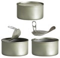 Tin Can, Opened and Closed Metal Tin Cans White Isolated