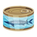 Round tin can with salmon. Vector illustration on white background.