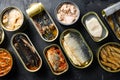 Tin can of  Saury, mackerel, sprats, sardines, pilchard, squid, tuna Open and closed   over black slate background top view close Royalty Free Stock Photo