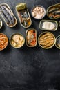 Tin can of Saury, mackerel, sprats, sardines, pilchard, squid, tuna Open and closed over black slate background top view space for Royalty Free Stock Photo