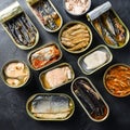 Tin can of Saury, mackerel, sprats, sardines, pilchard, squid, tuna Open and closed over black slate background top view square Royalty Free Stock Photo