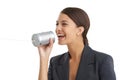 Tin can telephone, business and woman talking, employee and worker isolated on a white studio background. Person, model Royalty Free Stock Photo