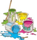 Tin Cans of Different Paint and Paintbrush Royalty Free Stock Photo