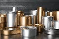 Tin cans on table. Recycling garbage Royalty Free Stock Photo