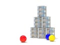 Tin cans and three balls. 3D illustration
