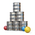 Tin cans and three balls 3D rendering illustration on white back Royalty Free Stock Photo