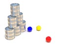 Tin cans and three balls. Side view. 3D Royalty Free Stock Photo