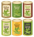 Tin cans with various labels for canned green pea