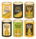 Tin cans with various labels for canned sweet corn