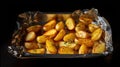 Tin Foil Tray of Roast Potatoes on a dark background