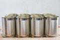 Tin food can on wood board Royalty Free Stock Photo