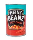 A tin of Heinz Beanz hot chili flavoured baked beans Royalty Free Stock Photo