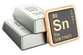 Tin ingots with chemical element icon Stannum Sn, 3D rendering