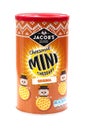 Tin Of Jacobs Original Mini Cheddars on a white background Royalty Free Stock Photo