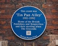 Tin Pan Alley Blue Plaque on Denmark Street in London, UK