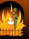 tin soldier and ballerina in the fire of the fireplace
