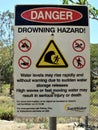 A danger sign beneath a dam warning of drowning hazard