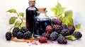 Tincture bottle of Blackberry on table Illustration. Blackberry tincture wine Illustration. Herbal medicine. For banner,poster,
