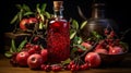 Tincture bottle of red thorn apples and fruits on table on dark background. Herbal medicine. For banner, site. Photo Ai generated