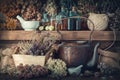 Tincture bottles, healthy herbs, mortar, curative drugs, old tea kettle on wooden shelf. Royalty Free Stock Photo