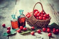 Tincture bottles of hawthorn berries and ripe thorn apples Royalty Free Stock Photo