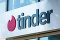 Tinder logo sign above headquarters building