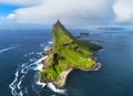 Tindholmur on Faroe Islands Vagar, aerial drone view during day in North Atlantic Ocean. Faroe Islands, Denmark, Europe Royalty Free Stock Photo