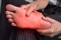 Tingling and burning sensation in foot of Asian man. Foot pain. Sensory neuropathy problems. Foot nerves problems. Plantar