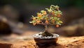 the tiniest apricot-colored bonsai rose plant, thriving in its carefully selected pot