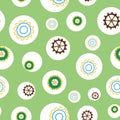 Tinkering cogs and gears bouncing about in circles on green background seamless repeat vector