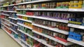 Tinned goods on a supermarket or superstore shelf.