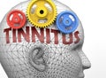 Tinnitus and human mind - pictured as word Tinnitus inside a head to symbolize relation between Tinnitus and the human psyche, 3d