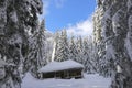 Tinny house covered by snow in a very beautiful sunny day of winter with blue sky and few clouds. Royalty Free Stock Photo