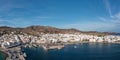 Tinos island Hora town Cyclades Greece. Aerial drone view of port, sea, blue sky, summer holiday Royalty Free Stock Photo